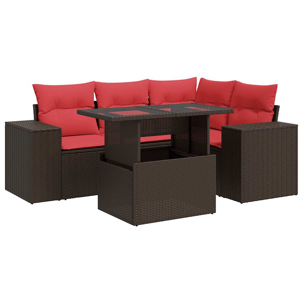 Set Divano da Giardino 5 pz Cuscini Marrone Polyrattan e Acacia - immagine 2