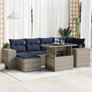 Set Divano da Giardino 9pz con Cuscini Grigio Polyrattan Acacia