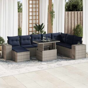 Set Divano da Giardino 9pz con Cuscini Grigio Polyrattan Acacia
