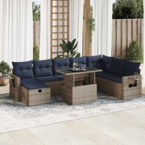 Set Divani Giardino 9 pz con Cuscini Grigio Polyrattan Acacia