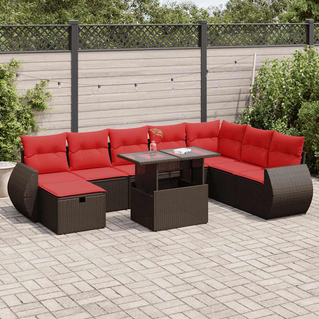 Set Divani da Giardino 9 pz con Cuscini Nero Polyrattan Acacia