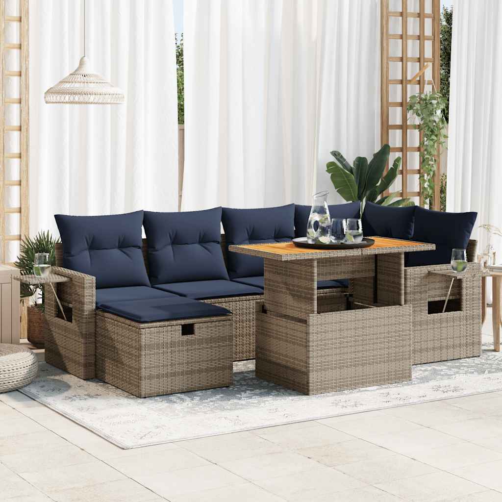 Set Divani da Giardino con Cuscini 7pz Nero Polyrattan Acacia