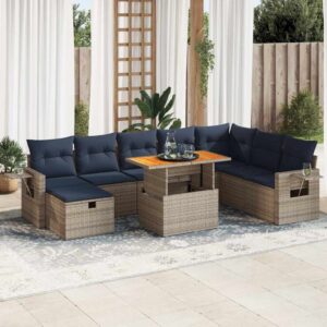 Set Divano da Giardino 9pz con Cuscini Grigio Polyrattan Acacia