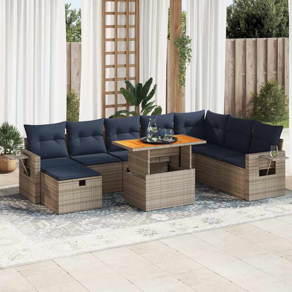 Set Divano da Giardino 9pz con Cuscini Grigio Polyrattan Acacia