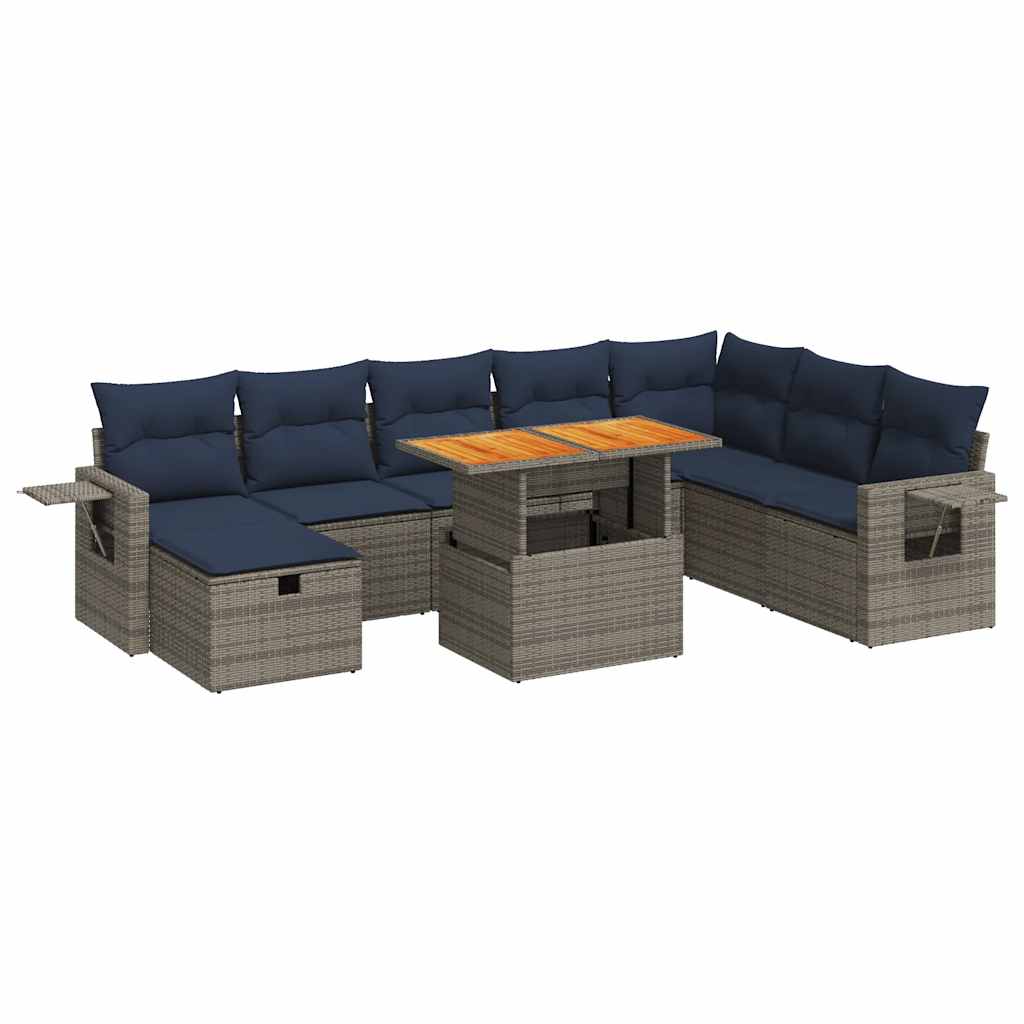 Set Divano da Giardino 9pz con Cuscini Grigio Polyrattan Acacia - immagine 2