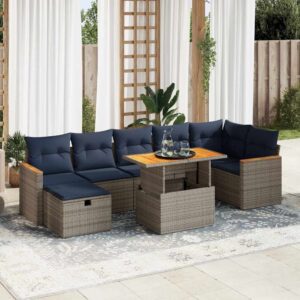 Set Divani Giardino 8 pz con Cuscini Grigio Polyrattan Acacia