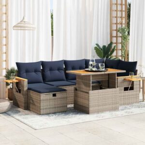 Set Divani da Giardino con Cuscini 7pz Grigio Polyrattan Acacia