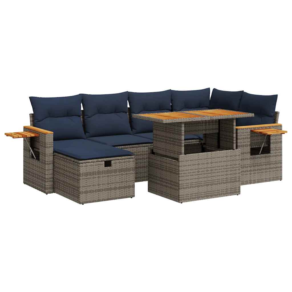 Set Divani da Giardino con Cuscini 7pz Grigio Polyrattan Acacia - immagine 2