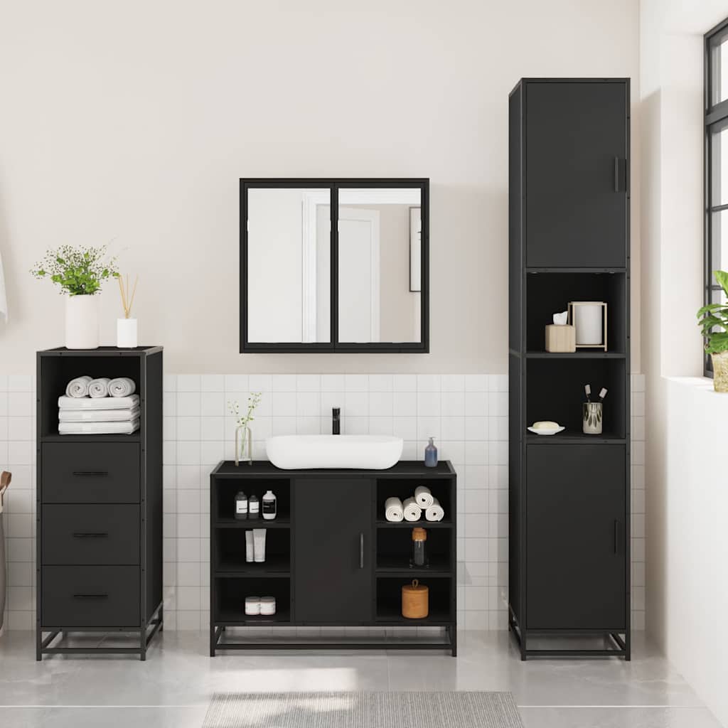 Set Mobili da Bagno 3 pz Nero in Legno Multistrato