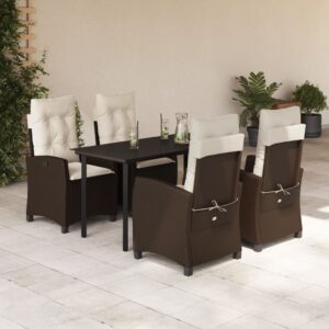 Set da Pranzo da Giardino 5pz con Cuscini in Polyrattan Marrone