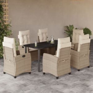 Set da Pranzo da Giardino 7 pz con Cuscini Beige in Polyrattan