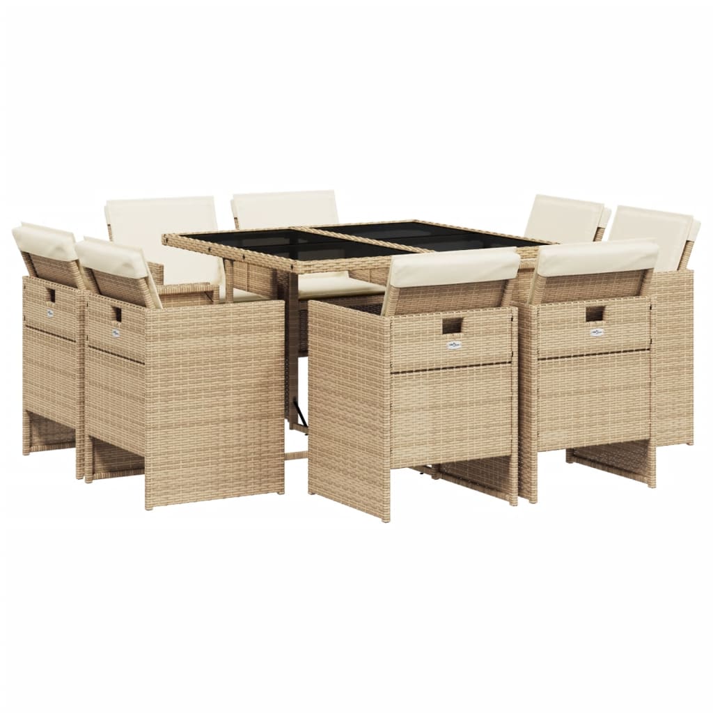 Set da Pranzo da Giardino 9 pz con Cuscini Beige in Polyrattan - immagine 2
