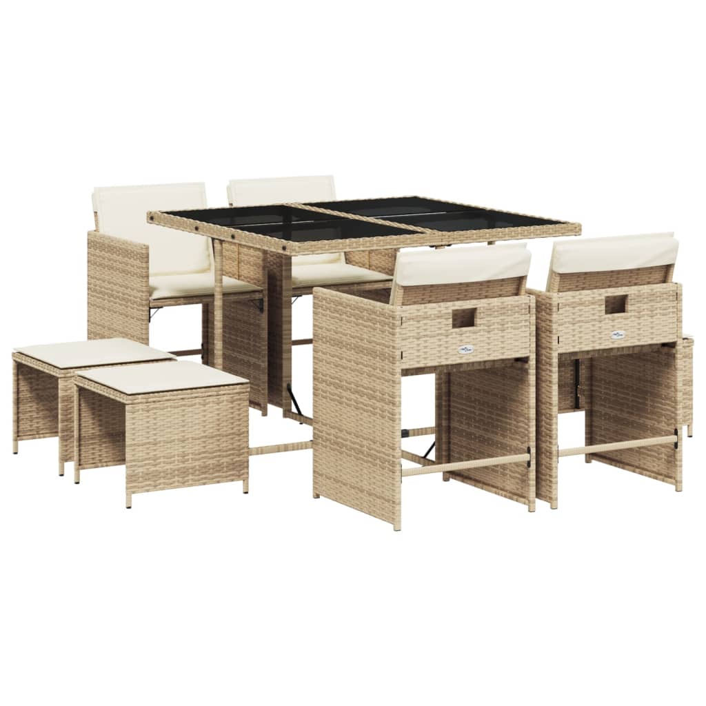 Set da Pranzo da Giardino 9 pz con Cuscini Beige in Polyrattan - immagine 2