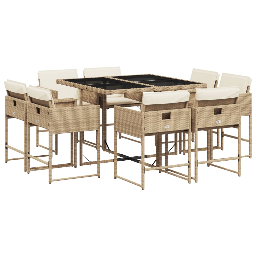 Set da Pranzo da Giardino 9 pz con Cuscini Beige in Polyrattan - immagine 2