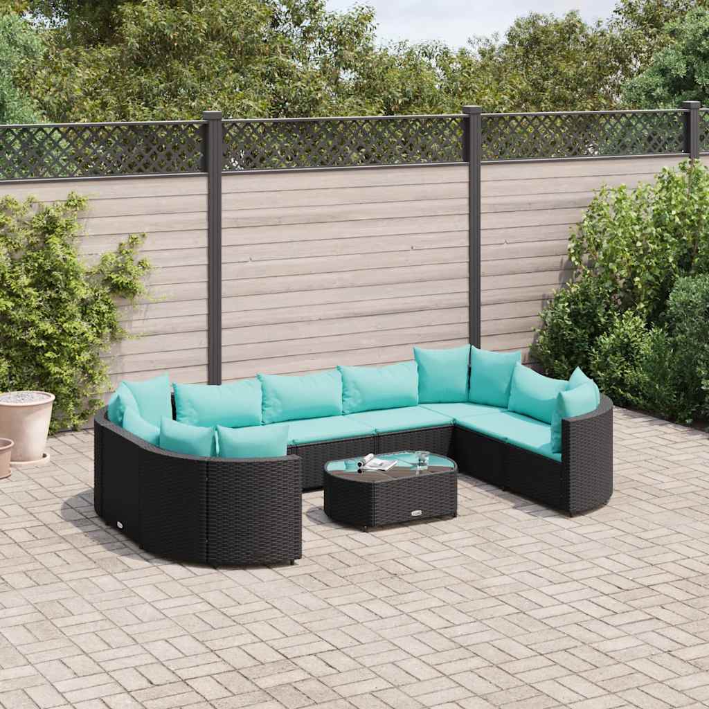 Set Divani da Giardino 10pz con Cuscini in Polyrattan Nero