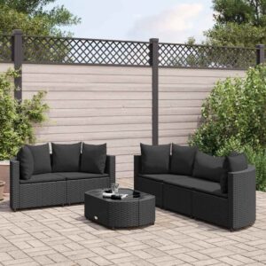 Set Divano da Giardino 6 pz con Cuscini Nero in Polyrattan