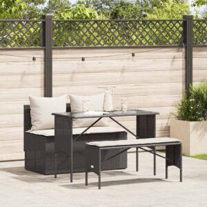 Set da Pranzo da Giardino 3 pz con Cuscini Nero in Polyrattan