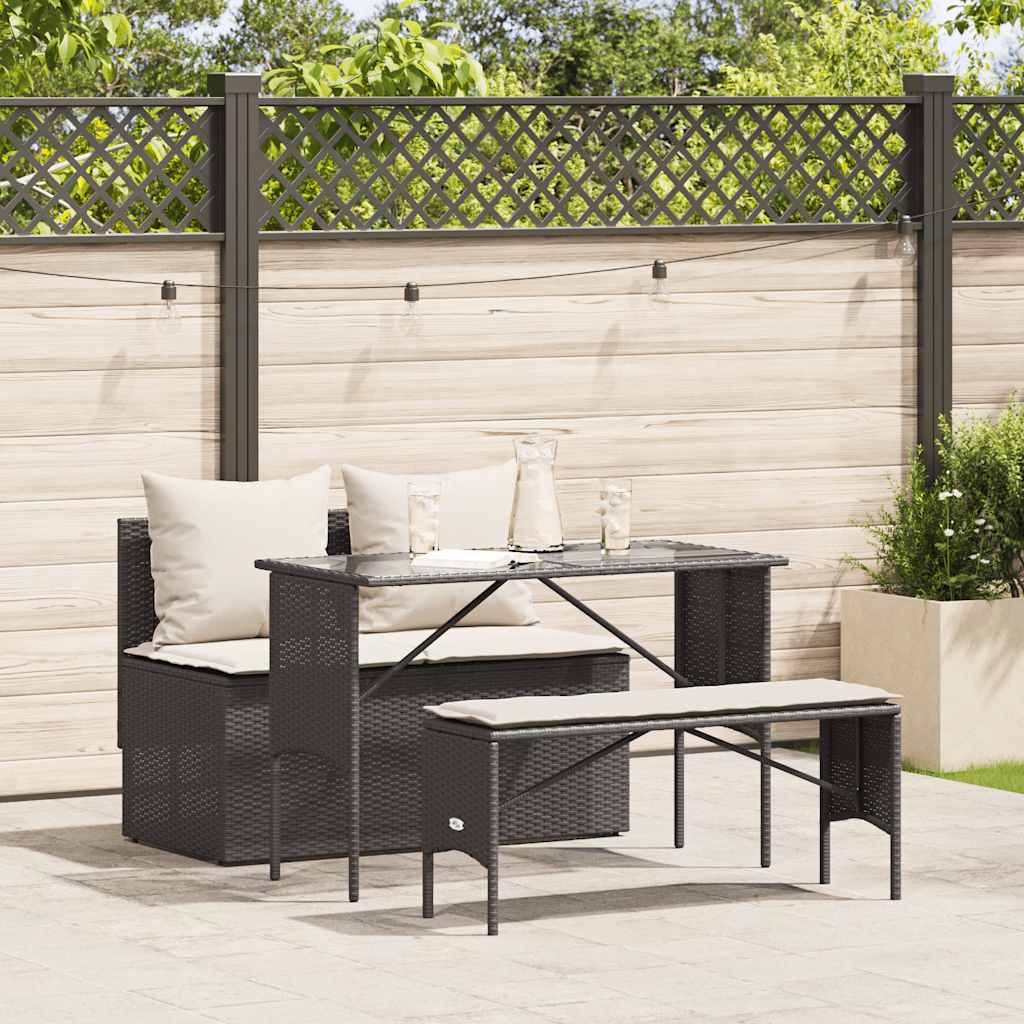 Set da Pranzo da Giardino 3 pz con Cuscini Nero in Polyrattan