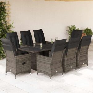 Set da Pranzo da Giardino 9 pz con Cuscini in Polyrattan Grigio