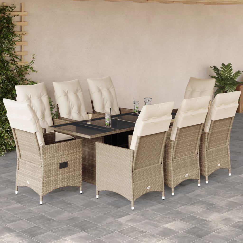 Set da Pranzo da Giardino 9 pz con Cuscini Beige in Polyrattan