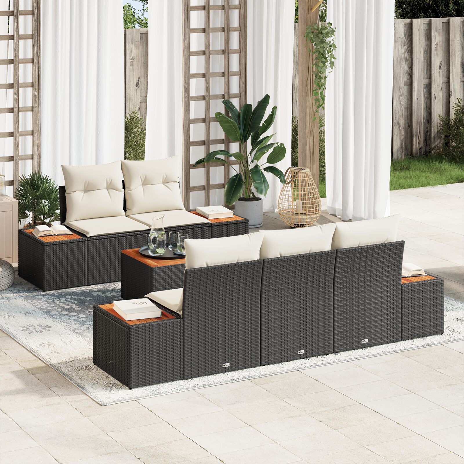 Set Divano Giardino 6 Pezzi con Cuscini Nero Polyrattan Acacia