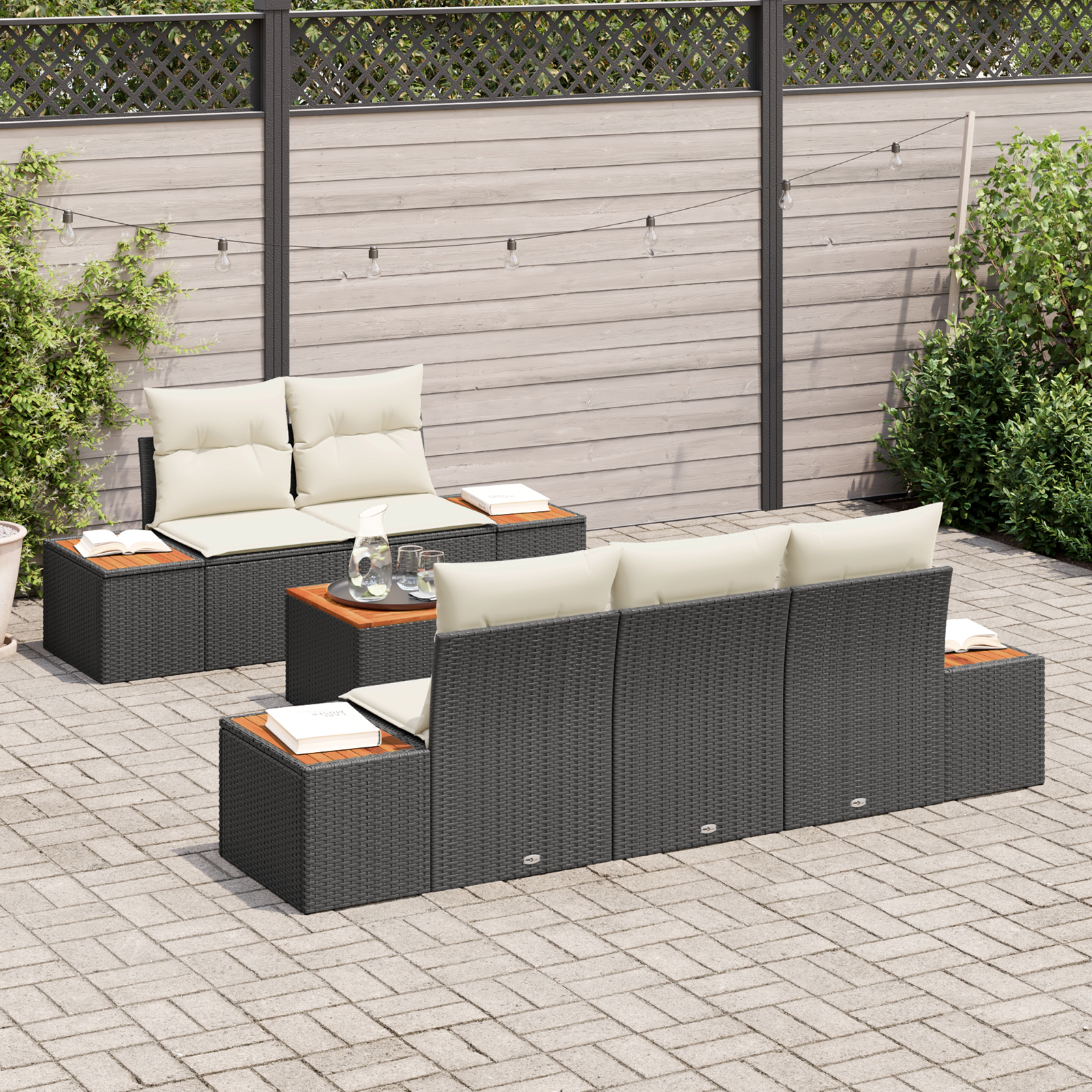 Set Divano Giardino 6 Pezzi con Cuscini Nero Polyrattan Acacia - immagine 3