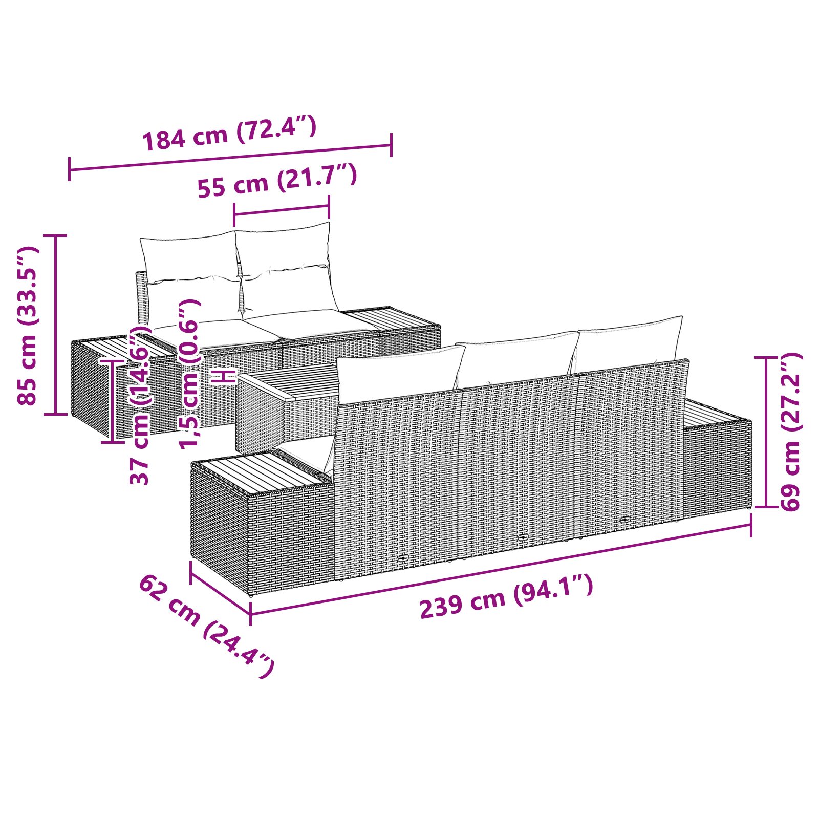 Set Divano Giardino 6 Pezzi con Cuscini Nero Polyrattan Acacia - immagine 8