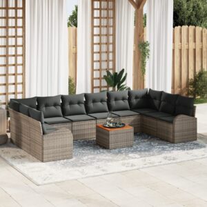 Set Divano da Giardino 11 Pezzi con Cuscini Grigio Polyrattan Acacia