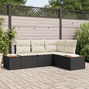 Set Divano Giardino da 4 Pezzi con Cuscini Vimini Poli Rattan Acacia Nero