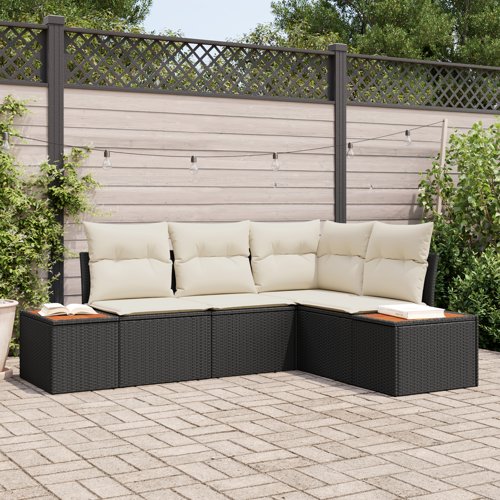 Set Divano Giardino da 4 Pezzi con Cuscini Vimini Poli Rattan Acacia Nero
