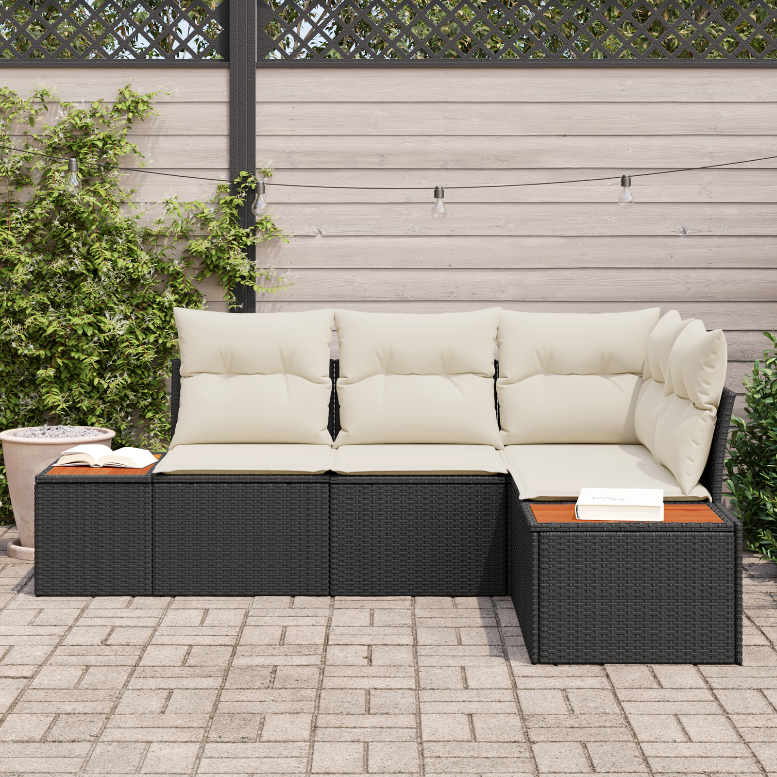 Set Divano Giardino da 4 Pezzi con Cuscini Vimini Poli Rattan Acacia Nero - immagine 3
