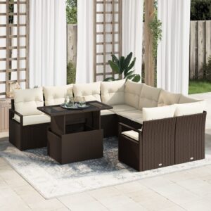 Set Divano da Giardino in 9 Pezzi con Cuscini Marrone Polyrattan