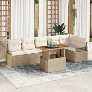 Set divani giardino 7 pezzi con cuscini beige in polyrattan