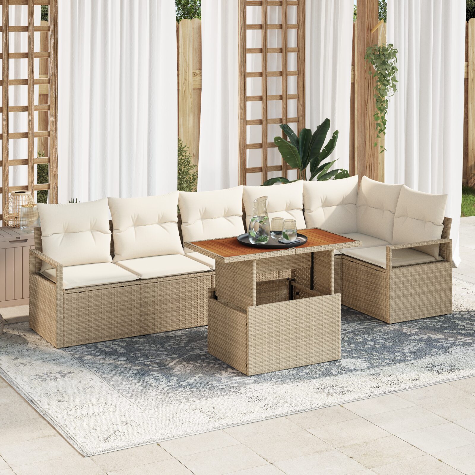 Set divani giardino 7 pezzi con cuscini beige in polyrattan