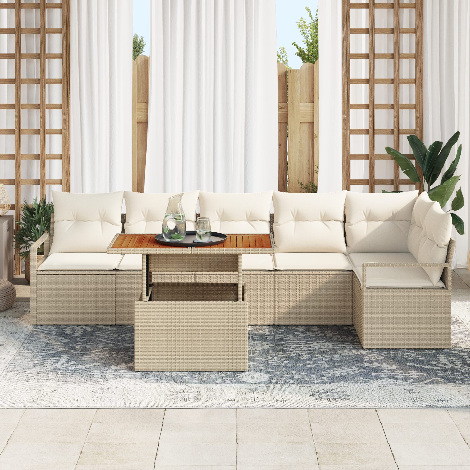 Set divani giardino 7 pezzi con cuscini beige in polyrattan - immagine 3