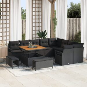 Set da Giardino da 12 pezzi con Cuscini Nero Polyrattan Acacia