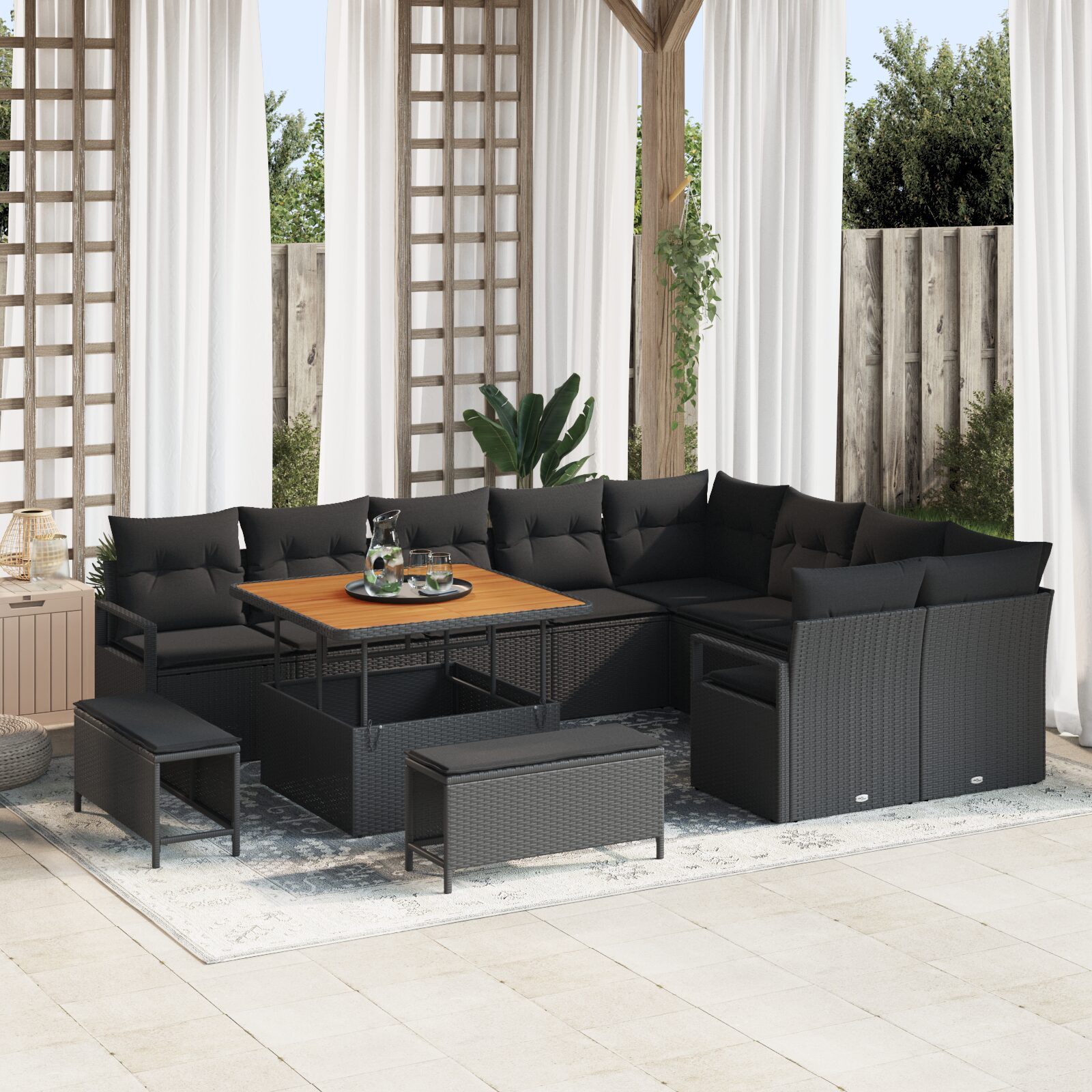 Set da Giardino da 12 pezzi con Cuscini Nero Polyrattan Acacia