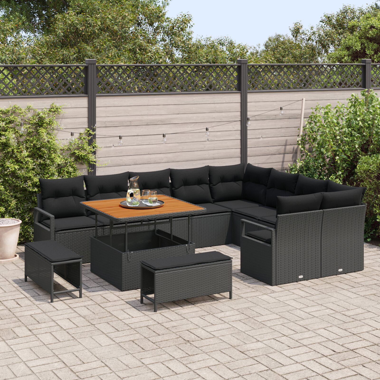 Set da Giardino da 12 pezzi con Cuscini Nero Polyrattan Acacia - immagine 3