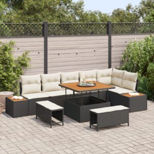 Set Divano da Giardino 9 Pezzi con Cuscini Nero Rattan Sintetico Acacia