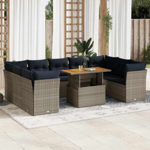 Set Divano da Giardino 10 pz con Cuscini Grigio in Polyrattan