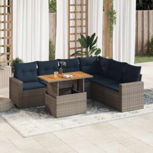 Set Divani da Giardino 7 pz con Cuscini Grigio in Polyrattan