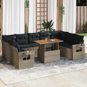 Set Divano da Giardino 10 pz con Cuscini Grigio in Polyrattan