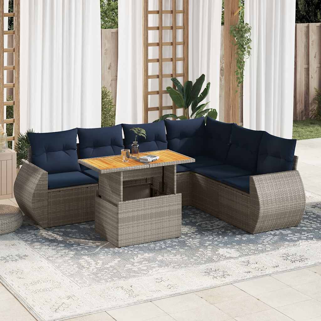 Set Divani da Giardino 7 pz con Cuscini Grigio in Polyrattan
