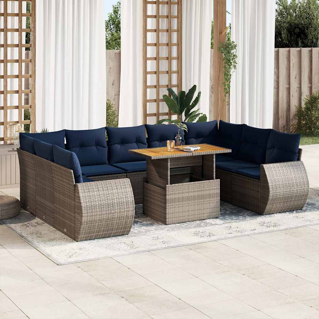 Set Divano da Giardino 10 pz con Cuscini Grigio in Polyrattan