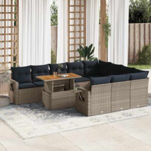 Set Divani da Giardino 11 pz con Cuscini in Polyrattan Grigio
