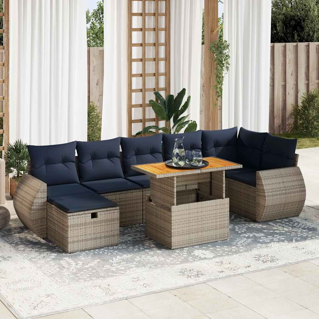 Set Divano da Giardino 8pz con Cuscini Grigio Polyrattan Acacia