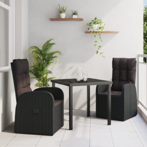 Set da pranzo da giardino 3 pezzi con cuscini in rattan nero
