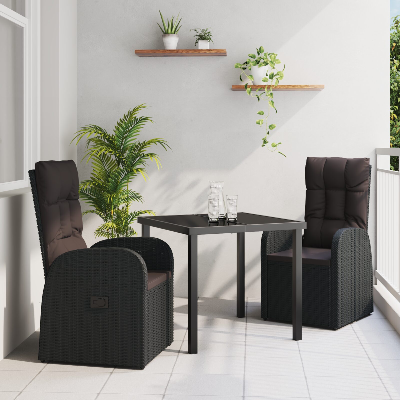 Set da pranzo da giardino 3 pezzi con cuscini in rattan nero