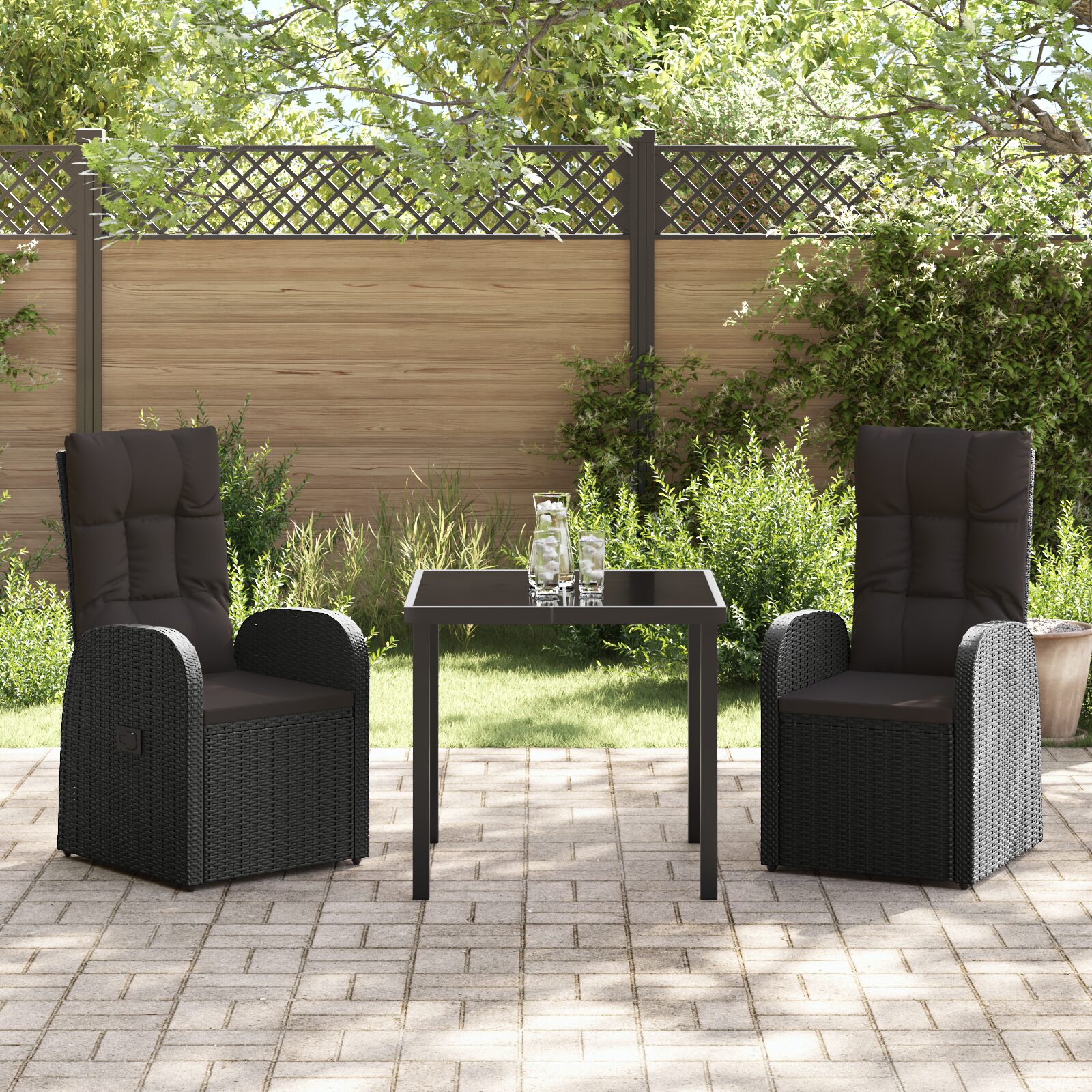 Set da pranzo da giardino 3 pezzi con cuscini in rattan nero - immagine 4