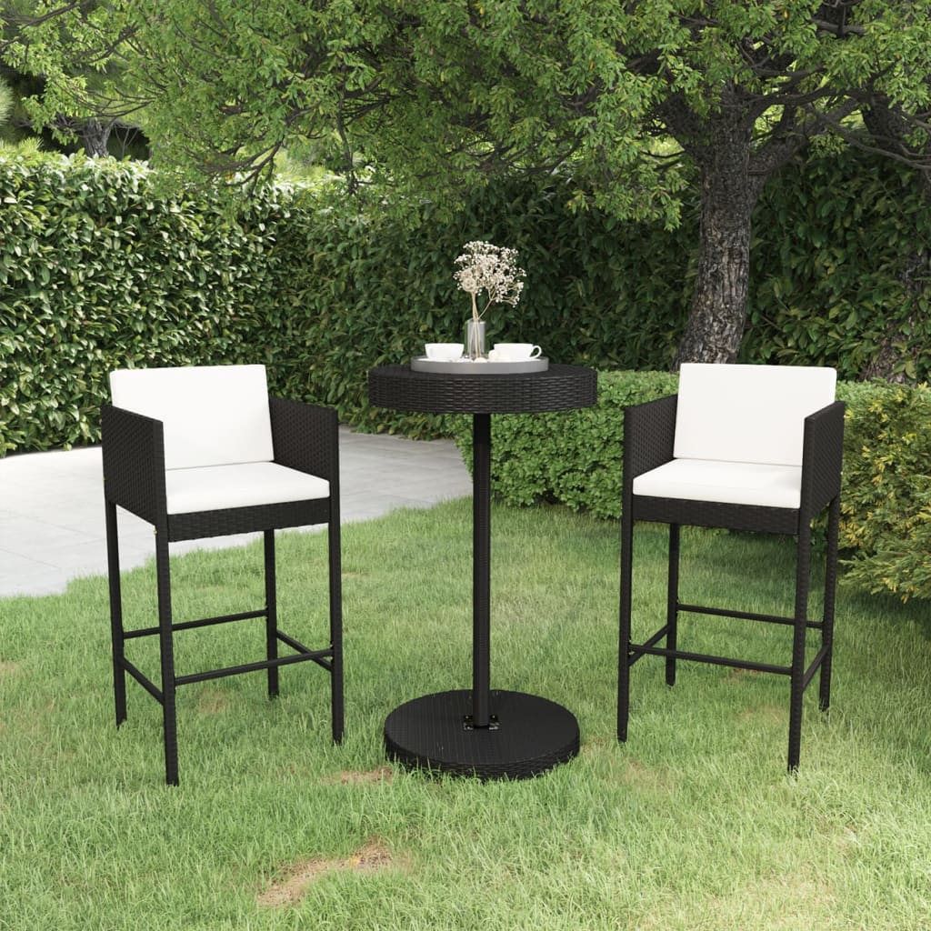Set Bar da Giardino 3 pz con Cuscini in Polyrattan Grigio